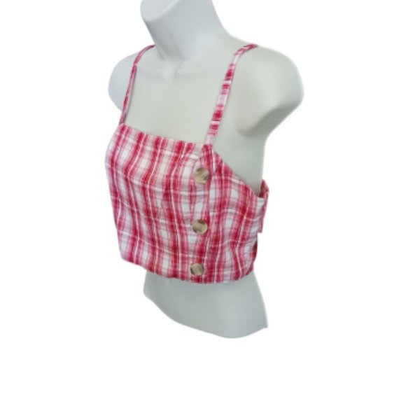 Arizona Jean Co. Womens Crop Top Size Medium Pink White Plaid - Picture 2 of 6